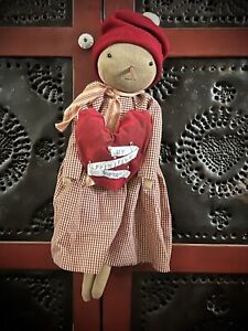Gp Grubby Primitive Snowman Country Farm Rag Doll W Valentine Heart Folk Art 16 