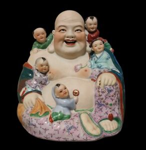 Old Chinese Porcelain Statue Happy Buddha With 5 Children Tongzhi Kids