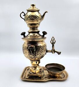 Antique Persian Charcoal Samovar Set Includes Teapot And Bowl And Tray