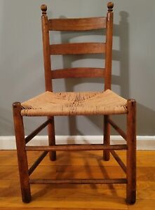 Rare Antique Authentic Shaker Chair Wooden Ladder Back Woven Fiber Rush Seat