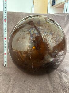 Vintage Japanese Large Glass Fishing Float Buoy Ball Roped Net Rare Color Amber