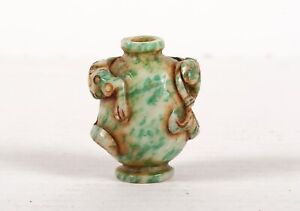 Vintage Small Green White Carved Hard Stone Asian Chinese Snuff Bottle Frog