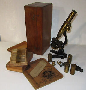 1890 Antique Jas W Queen Co Philadelphia Brass Microscope Box Lenses