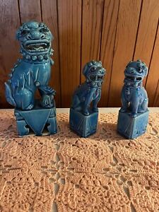 Vintage Pair Of Turquoise Ceramic 8 Chinese Foo Dogs Lion Fu