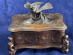 Antique Swiss Carved Wooden Jewellery Trinkets Box Songbird Nest