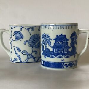 Pair Of Vintage And Antique Chinese Export Porcelain Canton Ware Mugs Blue White