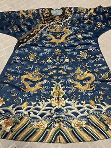 Antique Old Chinese Qing Period Dragon Silk Textile Embroidered Embroidery Robe