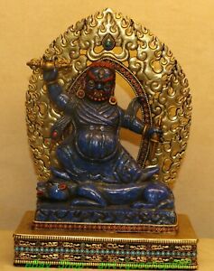 Old Tibet Lapis Lazuli Gold Turquoise Mahakala Wrathful Deity Buddha Statue