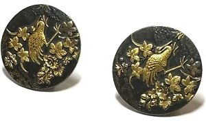 Antique Japanese Cranes Mixed Metals Gold Shakudo Cufflinks Stud Cuff Buttons