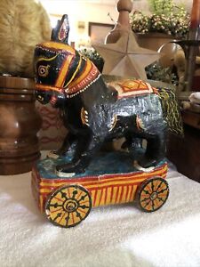 Antique Painted Wood Hand Carved Horse Cart Buggy Folk Art Hand Made India