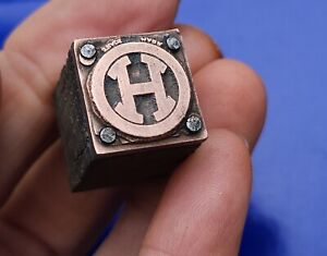 Antique Wood Block Copper And Metal Ink Stamp H Symbol Trade Mark 7 8 5 8 