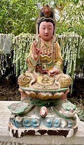 Antique 19th Century Chinese Kwan Yin Carved Gilt Wood Goddess Buddha Statue