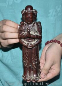 9 Old Chinese Huanghuali Wood Carving Dynasty 3 Face Guanyin Goddess Statue