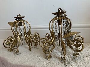 Pair Of Antique Vintage Crystal Brass Chandelier Lighting French