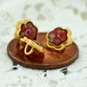 Set Of 3 Antique Gold Diminutive Cranberry Red Enamel Pink Rose Buttons
