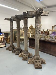 4x Antique Oak Structural Pillars Heavily Carved