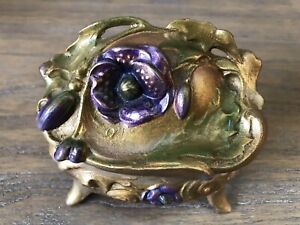 Floral Jewelry Casket Gold Purple Antique Art Nouveau Trinket Box Vtg W Lining