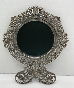 Vtg Wall Mirror Art Nouveau Ornate Pewter Framed With Beveled Mirror 16 1 2 X 13