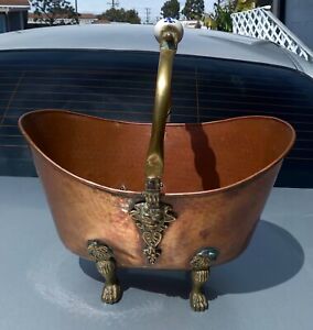 Victorian Copper W Brass Claw Feet Coal Scuttle Ash Bucket Ceramic Handgrip 15 