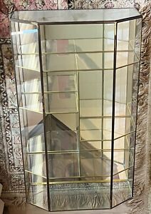 Vtg Large Brass Lined Glass Curio Cabinet Shelf Mirror Wall Mount