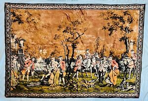 Antique Stamped Colonial Hunting Horseback Scene Tapestry 70 X 47 Wall Decor