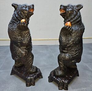 Antique Large 31 Inch Pair Of Wooden Carved Black Forest Playing Bears