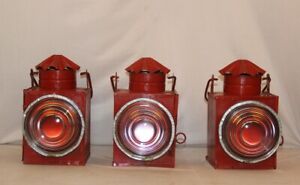 Vintage Iron British Red Globe Railroad Train Light Signal Lamp D Cor 3pc 11287