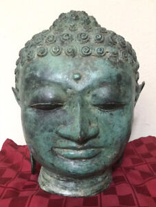Antique Metal Cast Buddha Bust Head Statue Large 13 