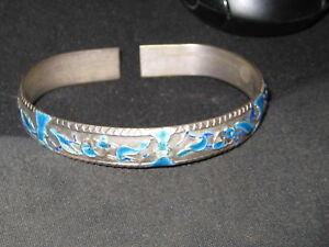 Antique Chinese Enamel Heavy Silver Cuff Bangle Bracelet Lovely 