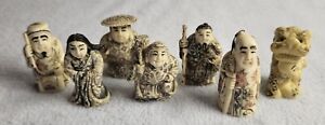 Vintage Japanese Netsuke 2 Figurines Hand Carved And Signed Lot Of 7