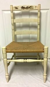 Vintage French Country Rush Ladderback Chairs With Floral Painted Backrest