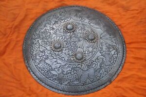 Old Vintage Mughal Islamic Rajput Sikh Hand Engraved Jungle Safari Seen Shield