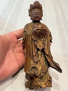 Antique Chinese Qing Dynasty Gilded Wood Carved Buddha Statue