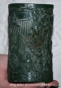 5 2 Old China Green Jade Carving Tree Child House Statue Brush Pot Pencil Vase