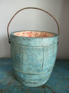 5 7 8 Old Bail Handle Paint Bucket Barrel Firkin Wooden Blue Paint Primitive
