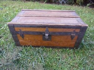 Victorian Press Carved Child S Wood Metal Trim Trunk Child Doll Very Unusual