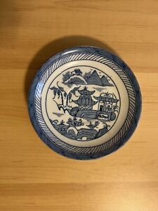 Antique Chinese Canton Blue White Porcelain Plate 19th Century Hand Painted