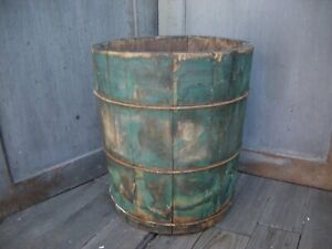 Antique Early Primitive Wood Double Grain Measure Bucket Original Blue Paint