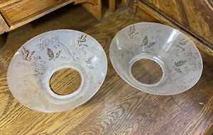 Pr Superb Antique Victorian Deep Etched Butterfly Shades Gas Electric Fixtures