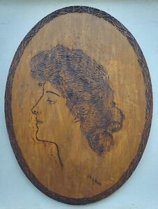 Antique 1904 Pyrography Lady Portrait Wood Oval Art Wall Plaque 12 X 16 Signed