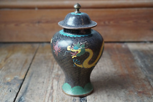 Antique Chinese Cloisonne Dragon Lidded Vase Pot Urn