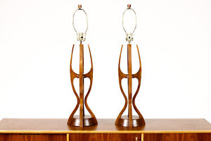 Mid Century Vintage Modeline Table Lamps Walnut Brass Sculptural Form Pair