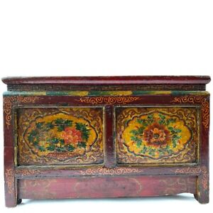 Antique Tibetan Painted Pine Prayer Bench Low Table C 1880
