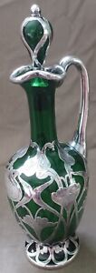 La Pierre Green Glass Cordial Decanter W Art Nouveau Silver Overlay Decoration