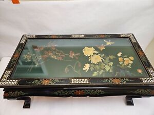 Antique Chinese Carved Inlaid Lacquer Game Or Coffee Table Glass Top