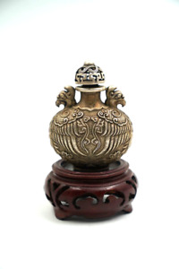 Fine Antique Chinese Ornate Silver Bronze Snuff Bottle Signed