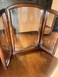 Antique Tri Fold 3 Panel Beveled Mirror Vanity Shaving Dresser Wood Victorian
