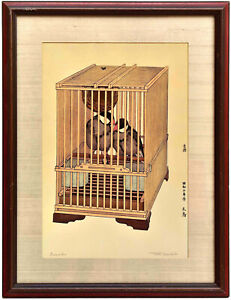 Toshi Yoshida Japanese Woodblock C 1927 Signed Original Buncho Birds In Cage
