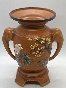 Antique Chinese Relief Porcelain Handpainted Elephant Head 2 Handles Vase 8 