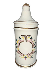 Vintage Jeanne Robinette Ceramic Apothecary Jar White Floral Gold Accents